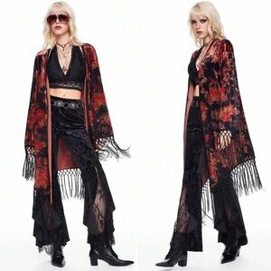 ROMWE Red and Black Floral Fringe Kimono